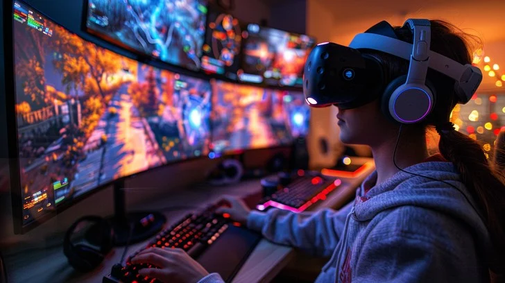 Person gaming with virtual reality headset.
